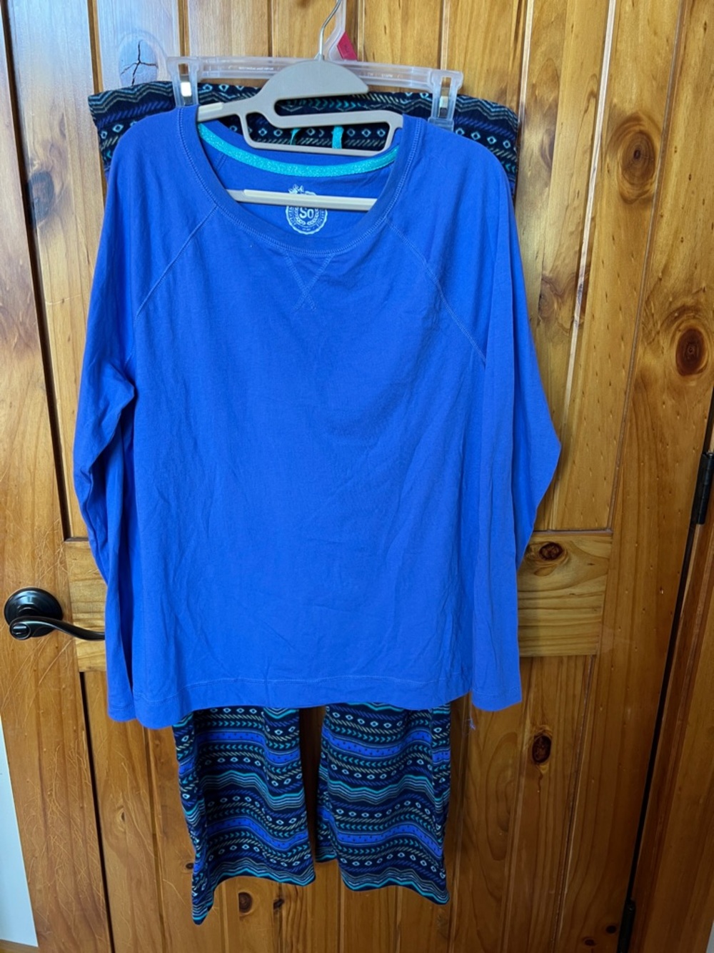 SO Women's Royal Blue Long Sleeve Pajama Top with Patterned Navy Pants